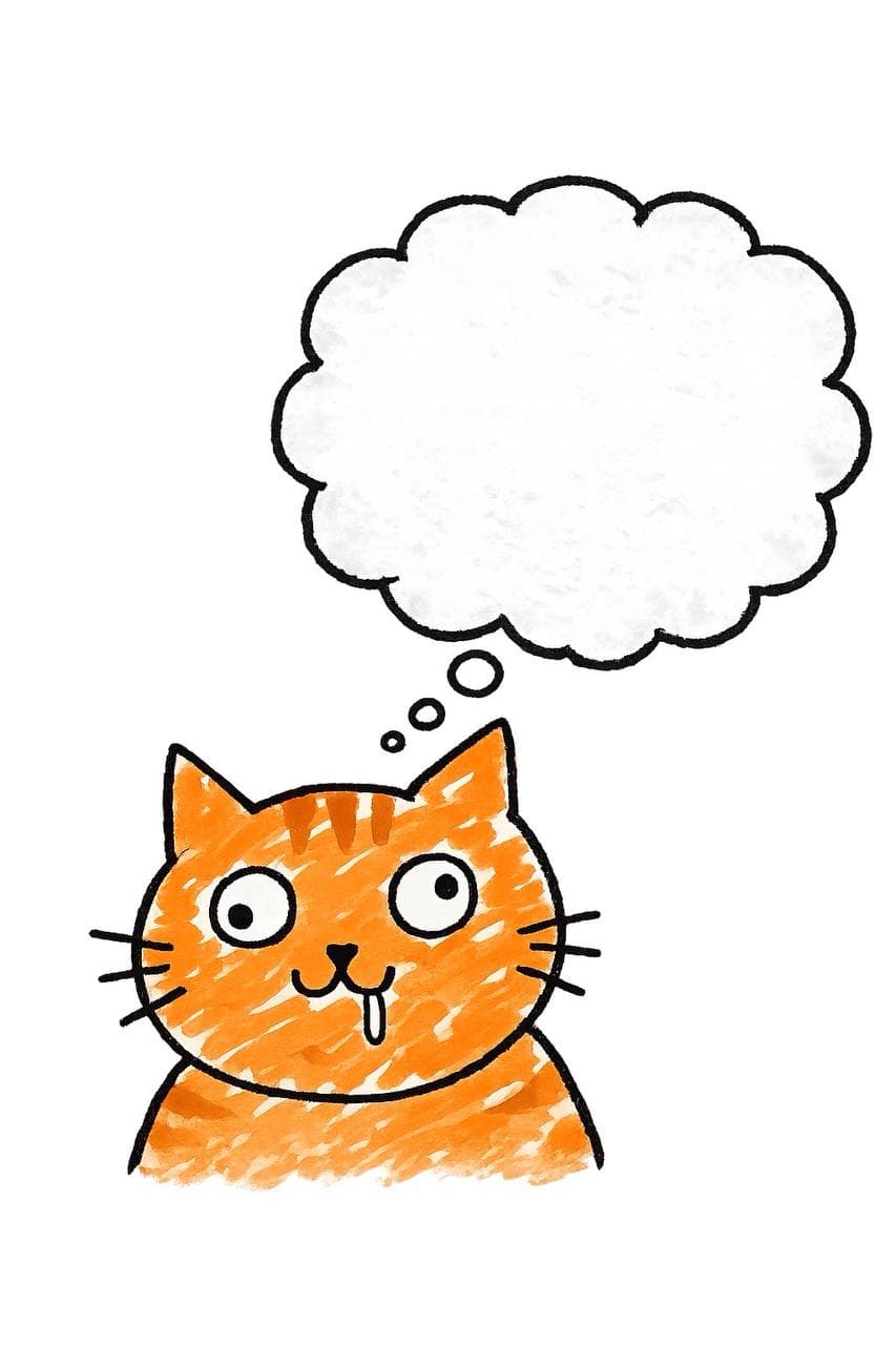 1CELL — an orange cat with one brain cell and an empty thought bubble